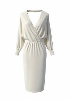 Women’s Ivory Knit Sweater Dress M Surplice V Neck Long Sleeve Midi Dress